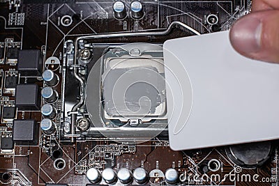 Close up to technician squeezing or application the thermal paste compound on the top of main cpu in the socket. Concept of Stock Photo