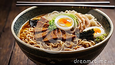 A close up of a Tokyo ramen bowl with a twirl of ramen, boiled egg and meat Stock Photo