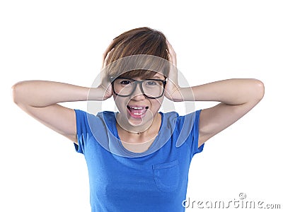 Close up of tomboy asian chinese girl in panic mode Stock Photo