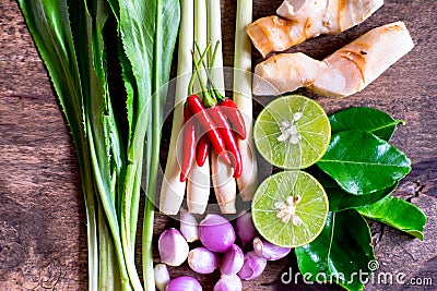 Close-up tomyumkung ingredients Thaifood on wood background Stock Photo