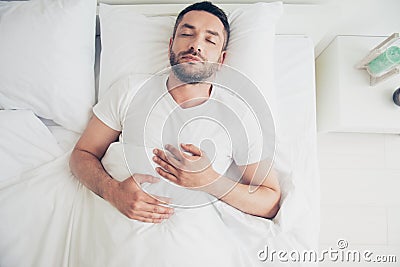 Close up top above high angle view photo fall asleep he him his guy vacation sunday saturday daily dream eyes closed Stock Photo