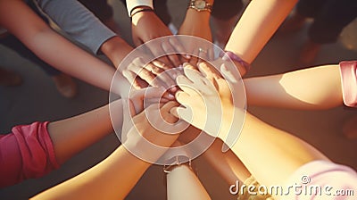 Close up top view of young people putting their hands together. Friends with stack of hands showing unity and teamwork Stock Photo