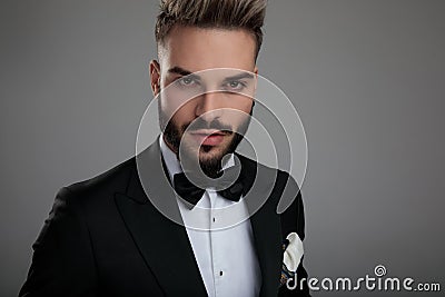 Close up of a tough groom wearing tuxedo Stock Photo