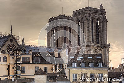 Close up of the towers of Notre Dame during the golden hour Stock Photo