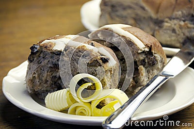Close-up of traditional Easter treat, Hot Cross Buns Stock Photo