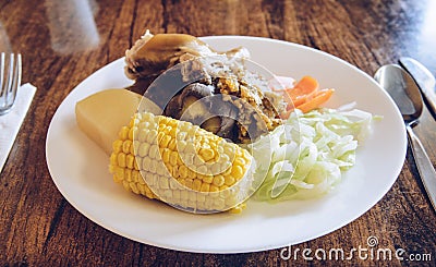 Close up of traditional Maori food they called 'Kai' usually cooked under the ground in ovens called hangi. Stock Photo