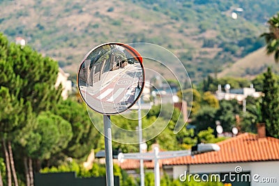 traffic convex mirror, road safety concept Stock Photo