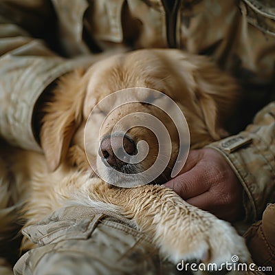 Close-up of a tranquil guide dog's paw in a comforting human embrace Stock Photo