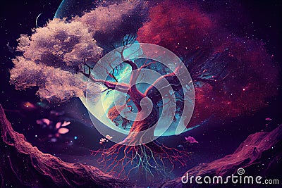 Close up tree of Life in cosmos,galaxy,univers,fantasy,nebula,surreal,beautiful place,realristic, Stock Photo