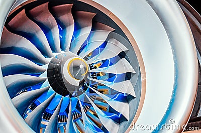 Close up of turbojet of aircraft turbine engine civil. Stock Photo