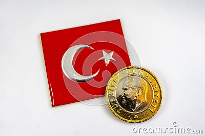 Turkish flag and turkish coin Stock Photo