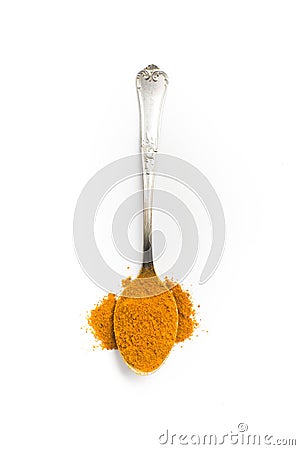 Close-up on a Turmeric powder into a spoon in white background Stock Photo