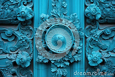 a close-up of a turquoise door with intricate carvings Stock Photo