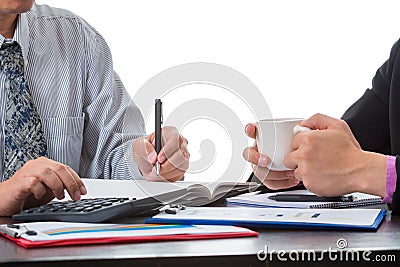 Close up of Two Asian businessmen discussing the sale volume Stock Photo