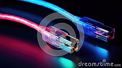 Close-Up of Two Cables with neon light on sleek Black Surface. Abstract modern look, contemporary design style.The bright neon Stock Photo