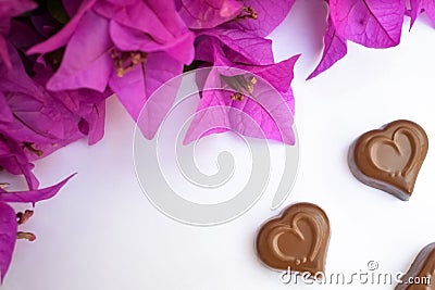 Close-up of two chocolate hearts and pink Bougainvillea flowers Stock Photo