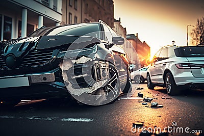 Close-up of two crashed cars in the city, ai generative illustration Cartoon Illustration