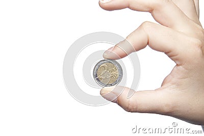 Close-up of two euro held in the fingers, time saving Stock Photo