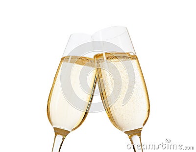 Close-up of two glasses of Champagne clinking together. Isolated on white background. Stock Photo