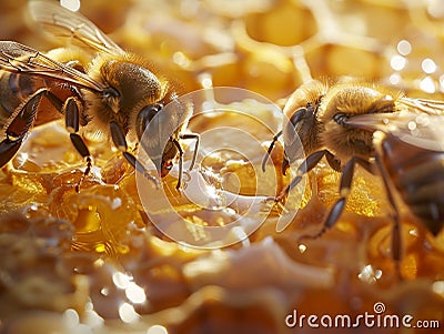 Close-Up of Two Honeybees Collecting Nectar from Honeycomb, Showcasing the Intricate Details of Their Work. Generative Stock Photo