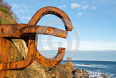 Close-up of two sculptures of the comb of the Wind, at sunrise with blue sky, horizontally, in San Sebastian, Basque Country Editorial Stock Photo
