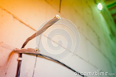 Close-up of two triple wires for electrical outlets on a bare wall. Repair inside a private house and electrical wiring. Copper Stock Photo