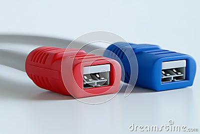 Close up of two USB adapters in red and blue symbolizing connectivity data transfer and secure communication in modern technolo Cartoon Illustration