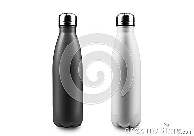 Close-up of two, white and black, reusable steel metal thermo water bottles, isolated on white background. Stock Photo