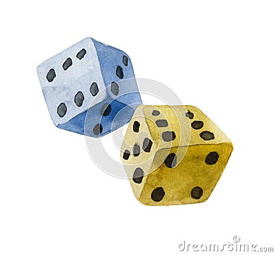 Close-up of two yellow and blue Watercolor dice against white background Stock Photo