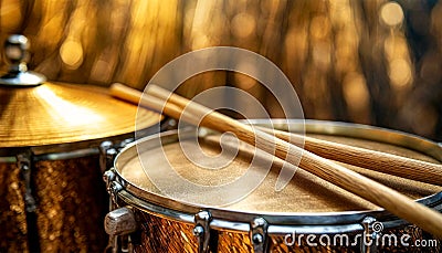 Two Wooden Drumsticks on a Snare Drum and Golden Cymbal - Generative Ai Stock Photo