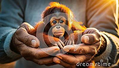 Two Wrinkled Hands Holding a Baby Orangutan - Generative Ai Stock Photo