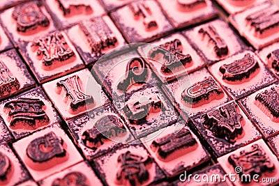 Close up of type set rubber stamps Stock Photo