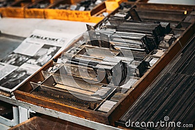 Close Up Of Typesetting Linotype Machine, Imprint. Paper Mill Museum. Famous Landmark, Historical Heritage Editorial Stock Photo