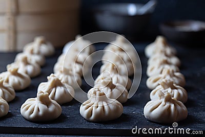 Close up of uncooked Baozi chinese dumplings. Azian dumplings Stock Photo