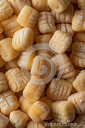 Close-up of uncooked gnocchi pasta on a wooden surface Stock Photo