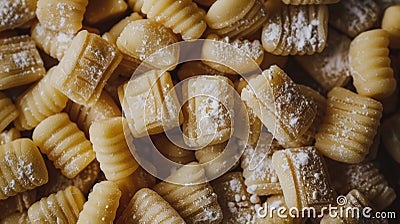 Close-up of uncooked gnocchi pasta on a wooden surface Stock Photo