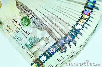 Close-up United Arab Emirates Currency, Dirhams and fils, Dubai, Abu Dhabi Stock Photo