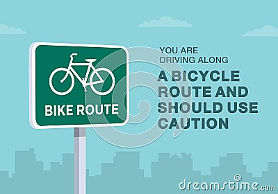 Close-up of United States bike route sign. Use caution, you are driving along a bicycle route. Vector Illustration