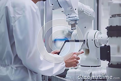 Close-up of an unrecognizable engineer controlling an industrial robotic arm with a tablet in an advanced technological automation Stock Photo