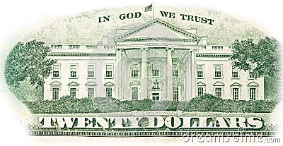 Close-up 20 US dollar banknotes, reverse side twenty dollar banknote depicting white house. Cash exchange currency. Stock Photo