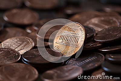 Close up of US one cent coins pile Stock Photo