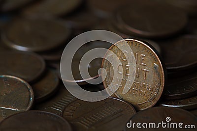 Close up of US one cent coins pile Stock Photo