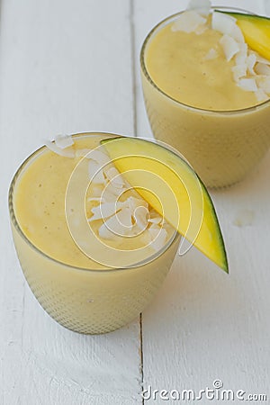 Close up of Useful breakfast: smoothies of mango, banana and ora Stock Photo