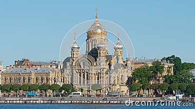 CLOSE UP: Uspenskaya church on Vasilievsky Island and Neva river in the summer Editorial Stock Photo