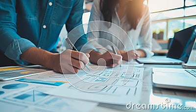 Close up ux developer and ui designer brainstorming interface wireframe design. Stock Photo