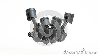 Close up of V4 engine pistons and crankshaft, part of car engineering system concept. Stock Photo