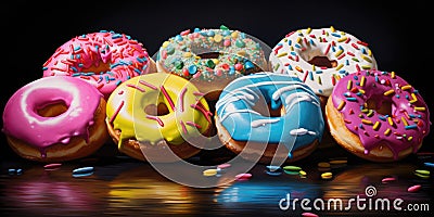 Close-up of variety of glazed delicious festive donuts with colourful sprinkles Stock Photo