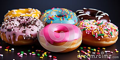 Close-up of variety of glazed delicious festive donuts with colourful sprinkles Stock Photo