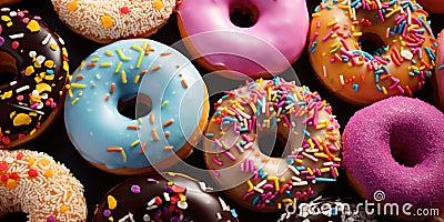 Close-up of variety of glazed delicious festive donuts with colourful sprinkles Stock Photo