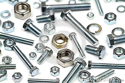Close up various bolts, nuts, and washers Stock Photo